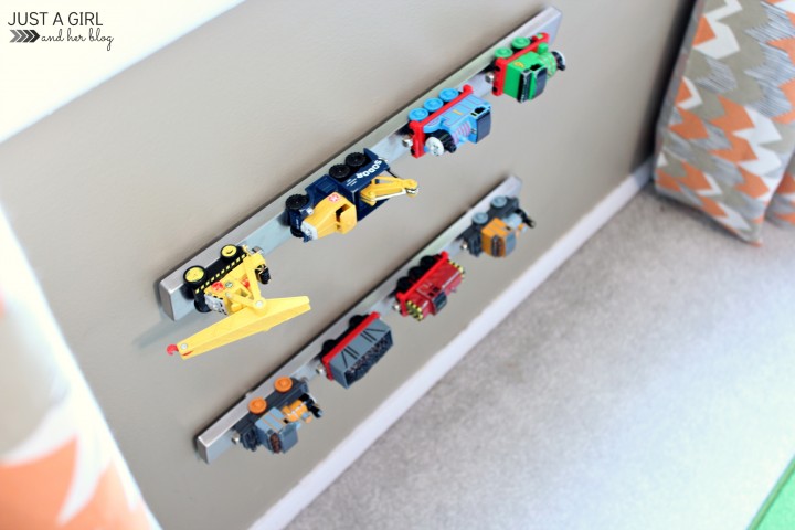 A blogger hung two Grundtal strips on the wall in her boys' bedroom to store their trucks and trains. In addition to being practical, the colorful toys add a fun decor element to the gray wall.
See more at Just a Girl and Her Blog »
