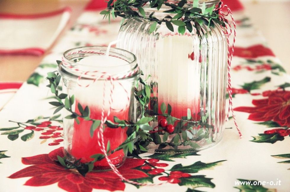 Blend in candles with the rest of a tablescape by turning them ombre — this blogger used red acrylic paint. See more at One O » 