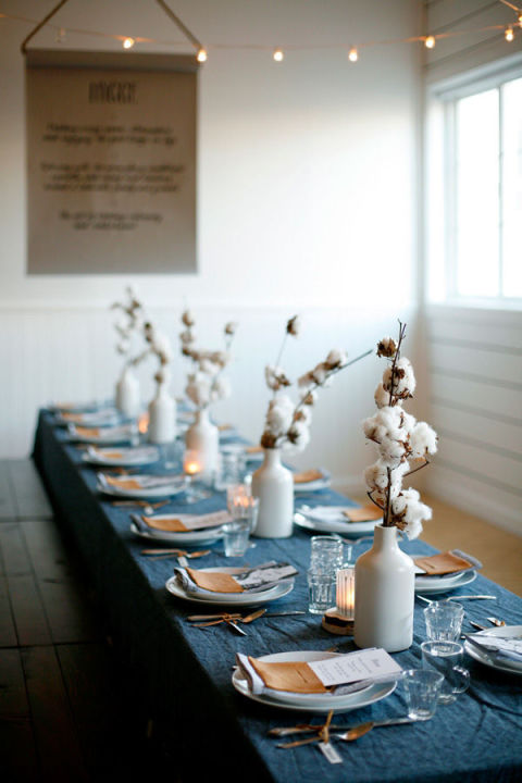 Just because it's the holidays, doesn't mean you're only allowed to use&nbsp;red and green.&nbsp;This bold blue hue paired with white cotton balls gives a modern vibe to a traditional event. See more at A Blog Named Scout »