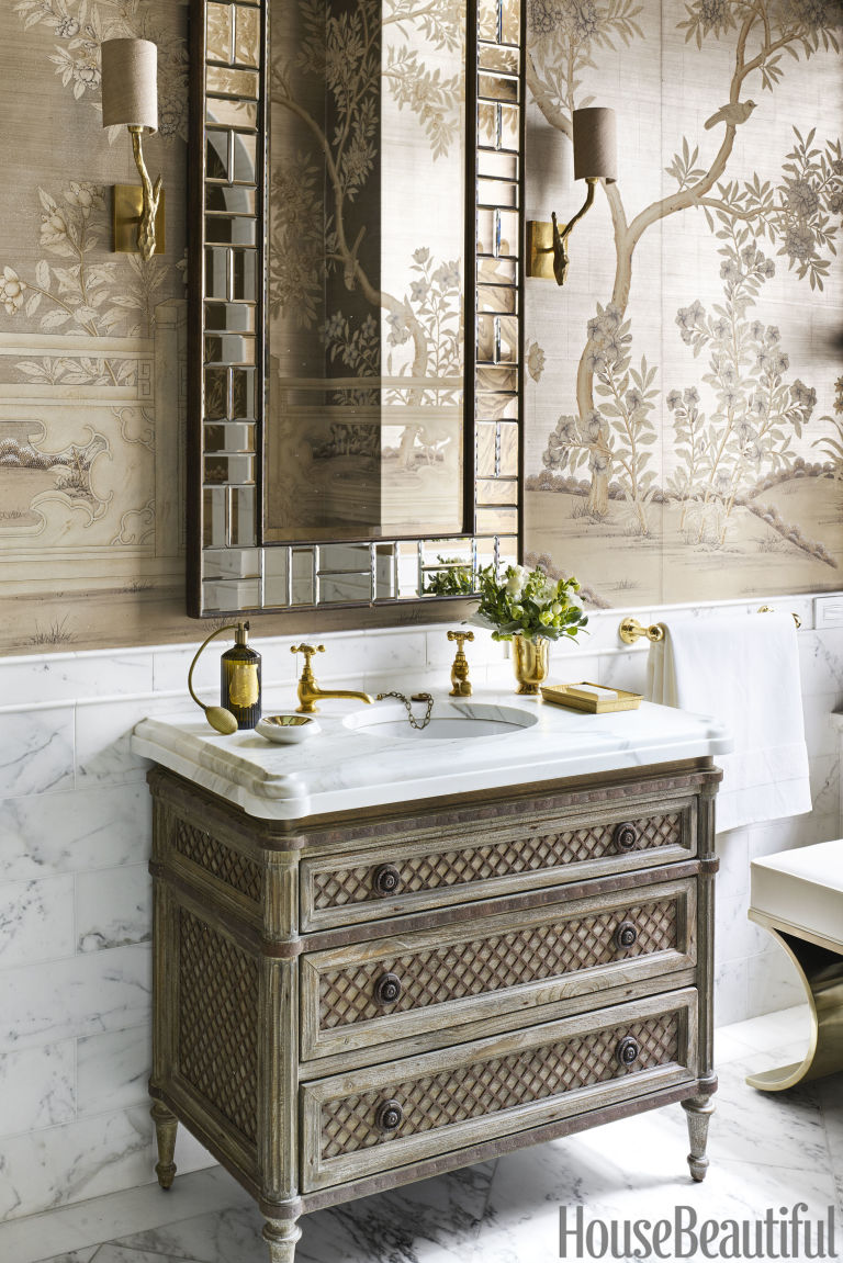 House Beautiful Bathroom marble bathroom with chinoiserie wallpaper - luxe bathroom House Beautiful Bathroom marble bathroom with chinoiserie wallpaper - luxe bathroom