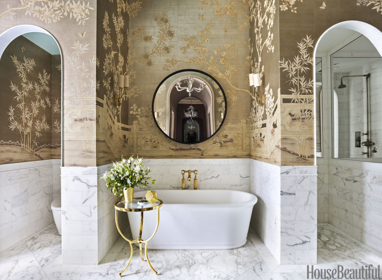 House Beautiful Bathroom marble bathroom with chinoiserie wallpaper - luxe bathroom House Beautiful Bathroom marble bathroom with chinoiserie wallpaper - luxe bathroom